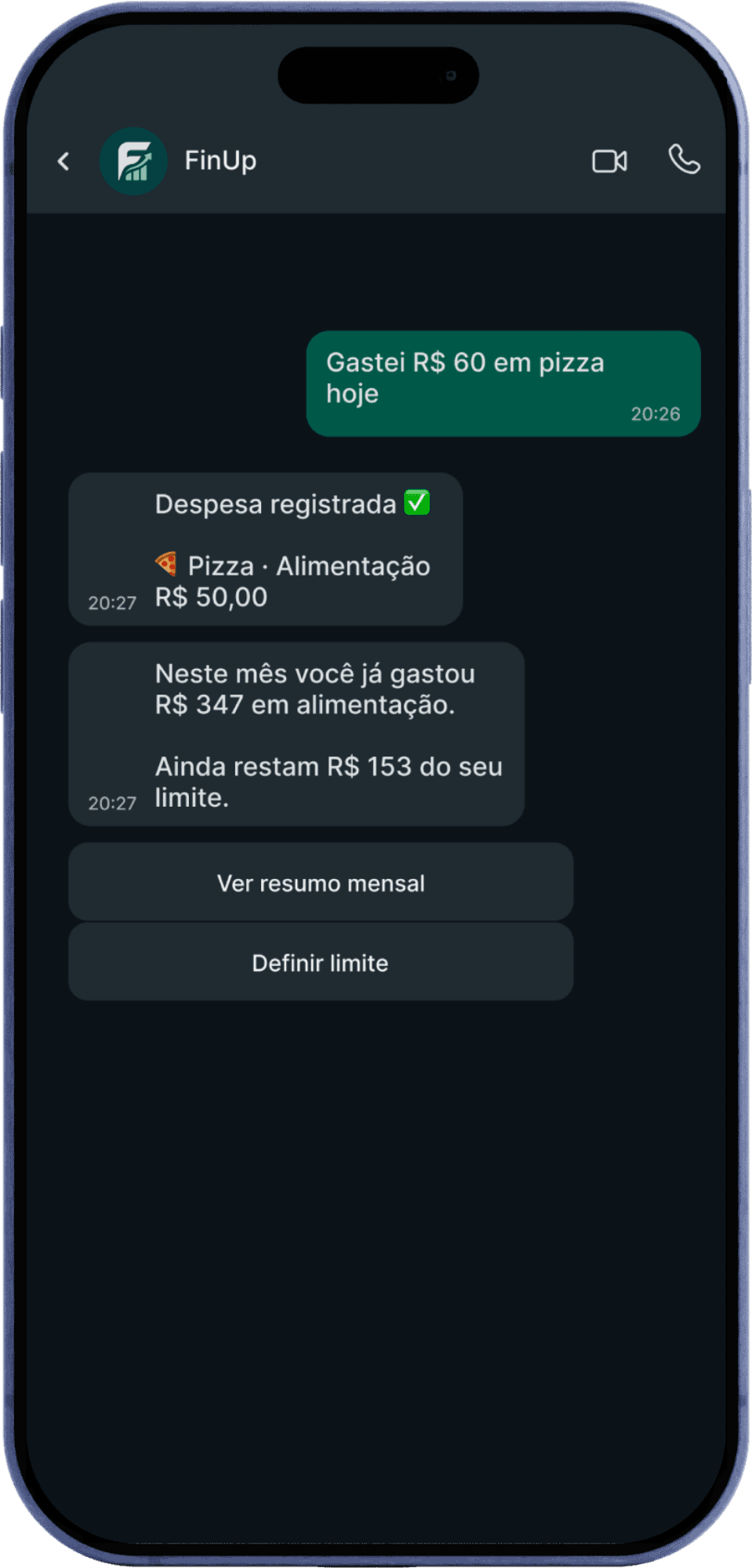 Conversa do FinUp no WhatsApp em um celular